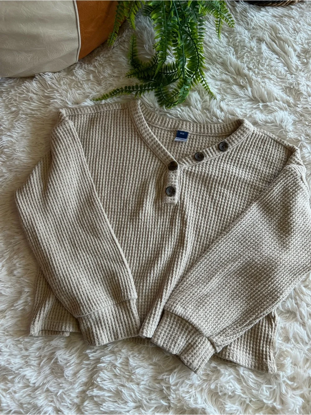 Old Navy Girls Beige Waffle Knit Henley Sweater Top Size M - 8